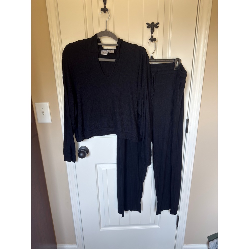 Serra Womens XL 16/18 Ribbed Lounge Set Black Hooded V-Neck Top Wide Leg Pants